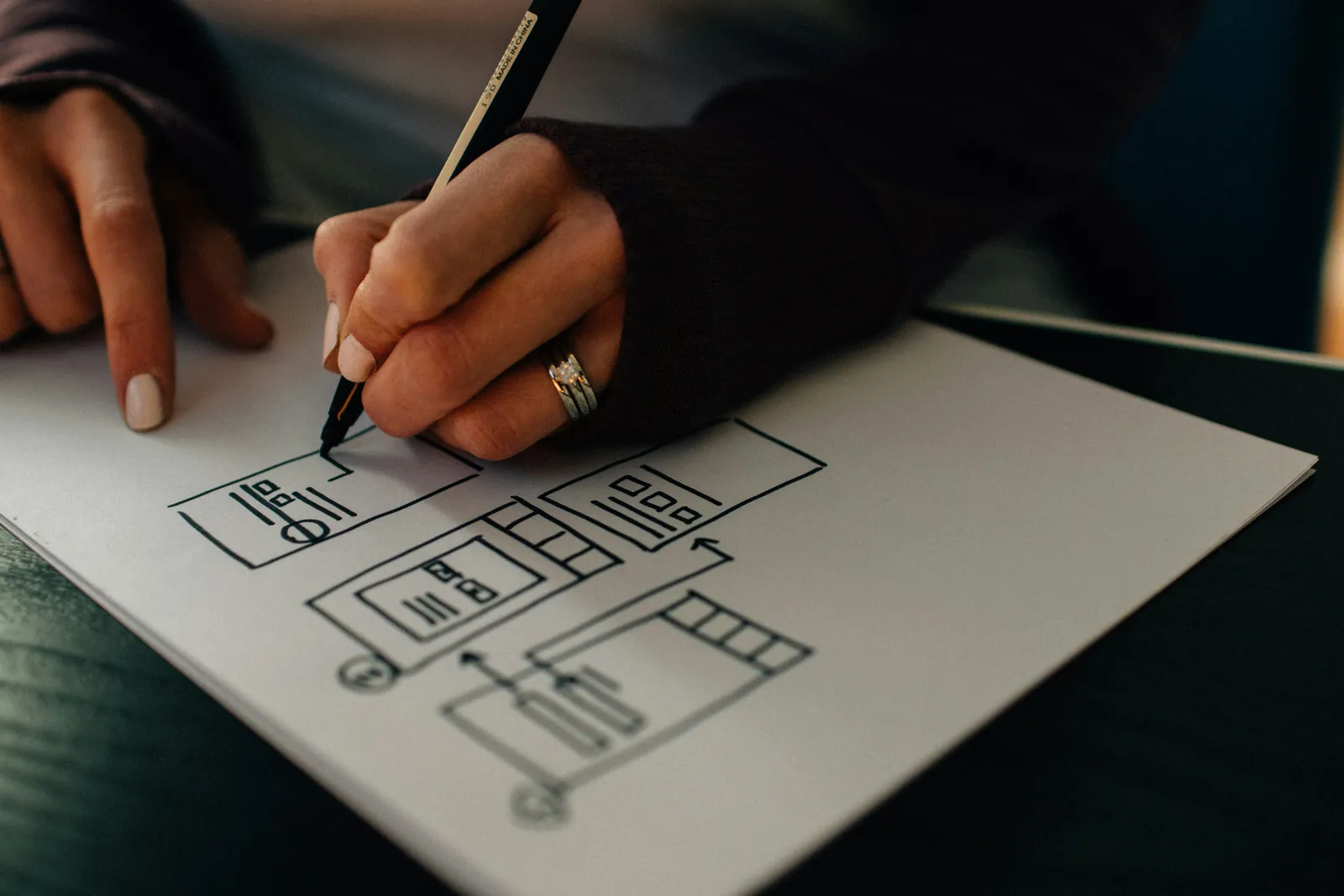 Hand schetst wireframes van een gebruiksvriendelijk ontwerp op papier