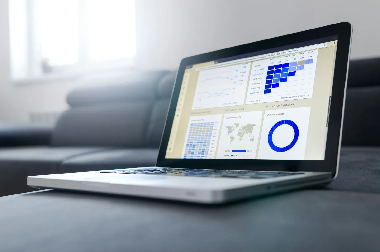 Laptop met SEO-dashboard met grafieken en bezoekersdata