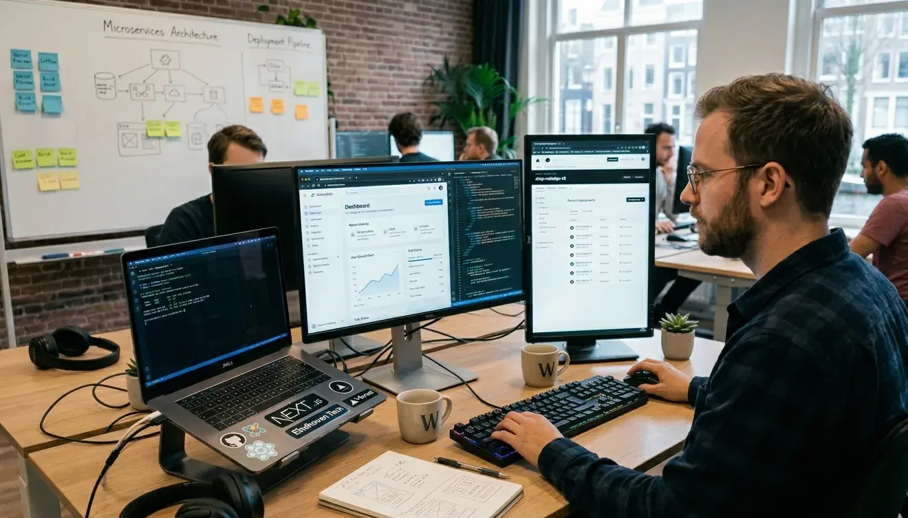 Developer bouwt aan een schaalbare webshop op meerdere schermen met dashboard en code