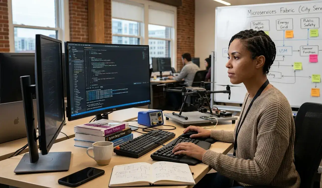 Developer werkt aan de online vindbaarheid van een bedrijf, met een systeemschema op het whiteboard