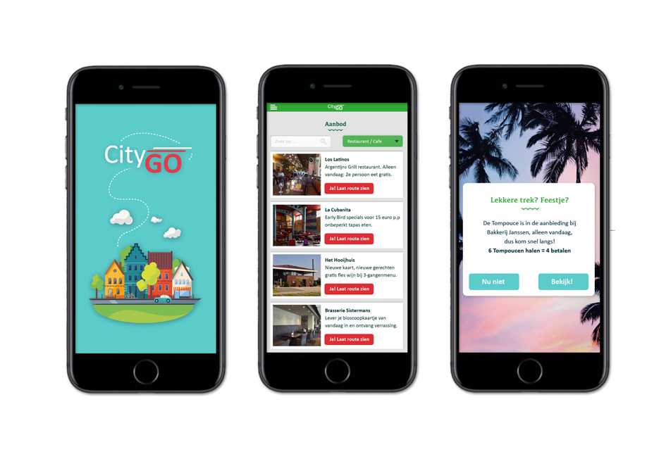 Afbeelding van de CityGo app op 3 iPhones