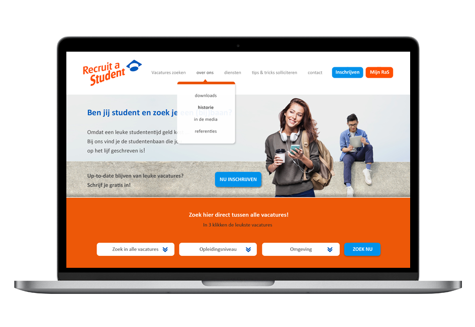 Afbeelding van de website van Recruit a Student op een laptopscherm