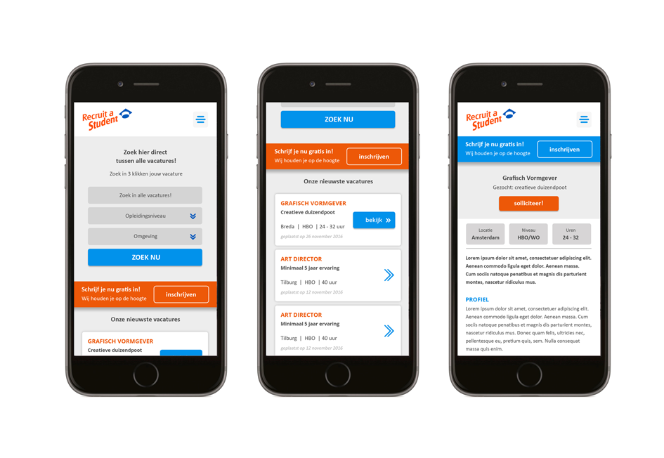 Afbeelding van de website van Recruit a Student op 3 smartphones