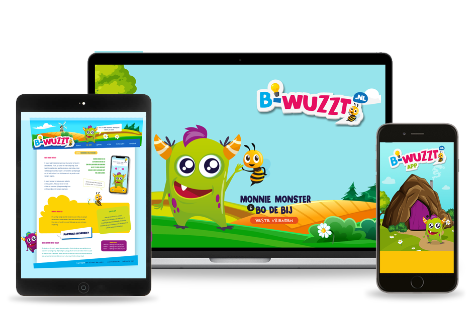 Afbeelding van de website B-wuzzt op een iPad, laptopscherm en iPhone