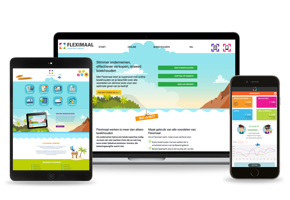 Afbeelding van de website van Fleximaal op een iPad, laptopscherm en iPhone