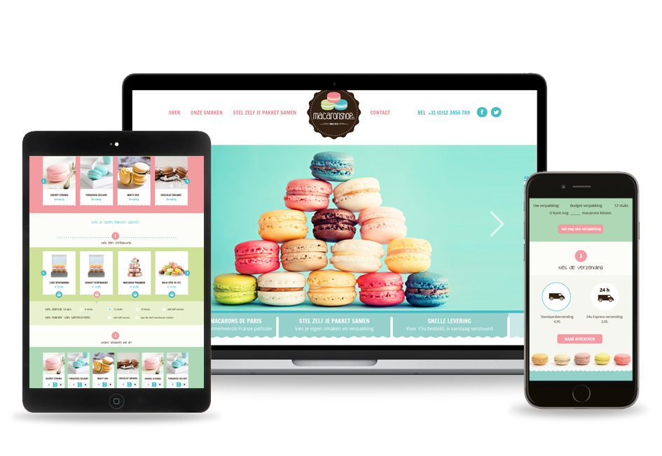 Afbeelding van de website van Macaronshop op een iPad, laptopscherm en iPhone