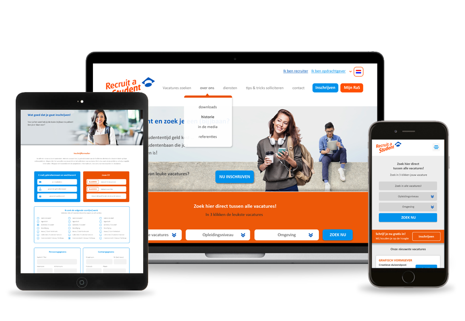Afbeelding van de website van Recruit a Student op een iPad, laptopscherm en iPhone